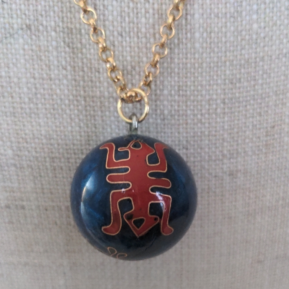 Blue Enamel Pendant Necklace, New, Asian,  18"+1" Gold Chain, Chimes, Boxed